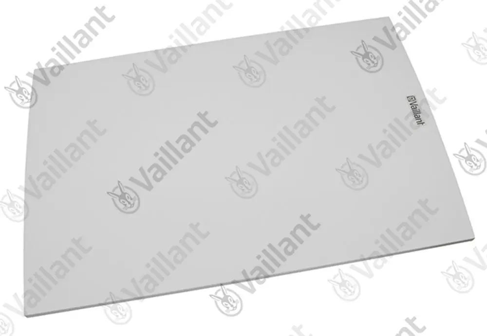 Weißes Frontblech von Vaillant, flache rechteckige Form mit einem dezenten Logo in der oberen Ecke, ohne erkennbare Maße oder spezifische Produktdetails.